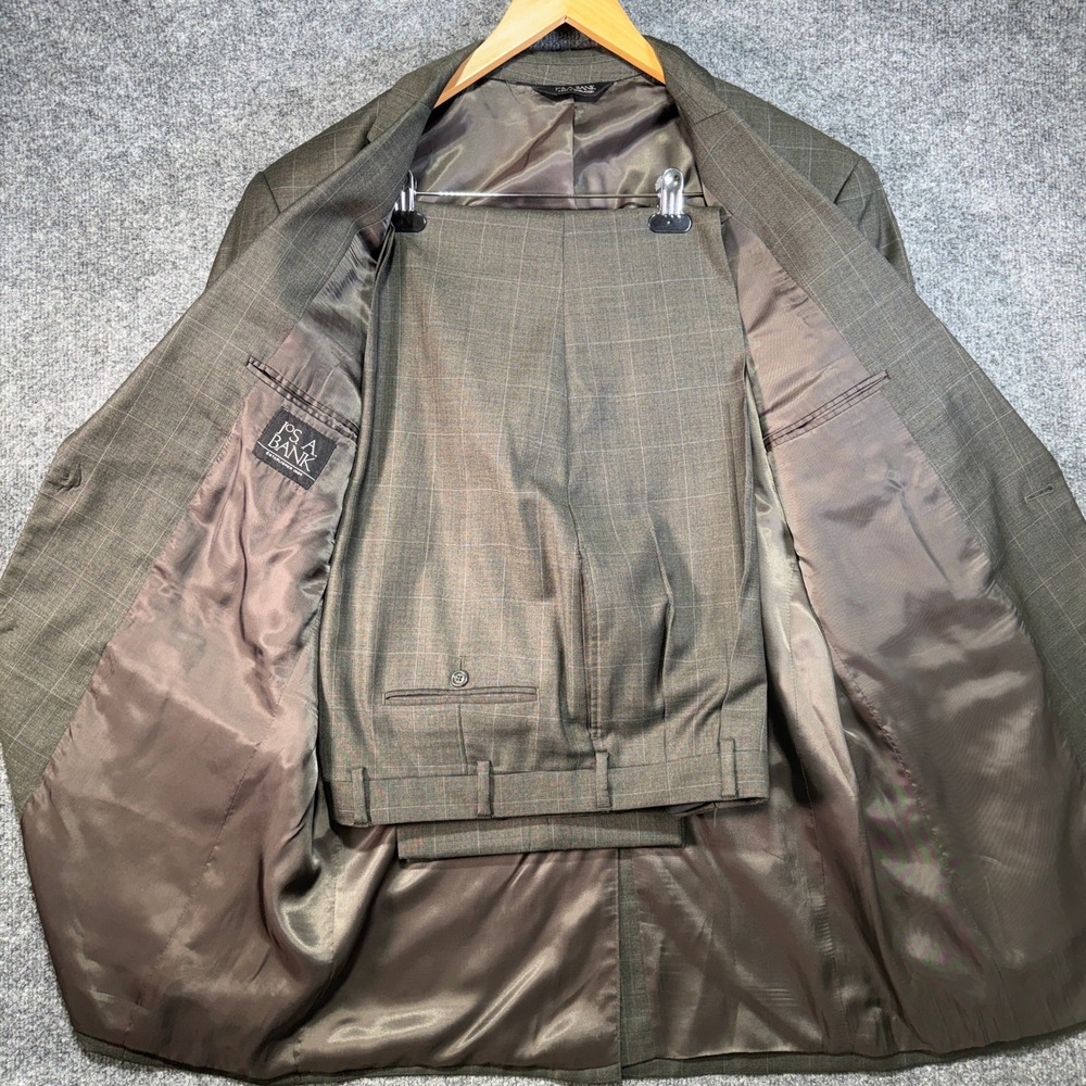 Jos. A. Bank Windowpane Suit Mens 44XL Brown 36x32 Pants Pleated Cuffed Wool